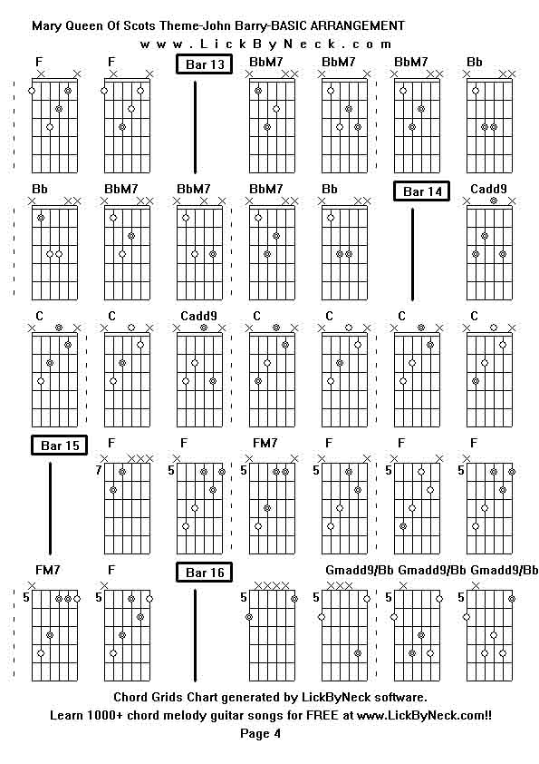 Chord Grids Chart of chord melody fingerstyle guitar song-Mary Queen Of Scots Theme-John Barry-BASIC ARRANGEMENT,generated by LickByNeck software.